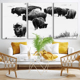 18914414-MGV-CV-36X24-Buffalo Herd Wall Art Canvas Print, Framed Black and White Art Picture Print, Snowy Landscape Perfect Rustic Lodge Decor Decor
