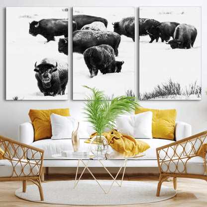 18914414-MGV-CV-36X24-Buffalo Herd Wall Art Canvas Print, Framed Black and White Art Picture Print, Snowy Landscape Perfect Rustic Lodge Decor Decor