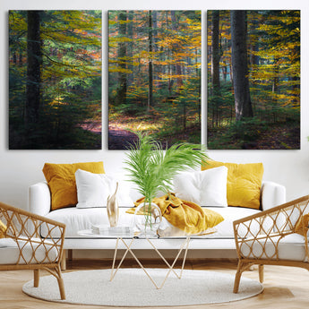 65810864-MGV-CV-36X24-Autumn Forest Wall Art Canvas Print, Framed Fall Woodland Art Picture Print, Golden Leaves Perfect Rustic Farmhouse Decor Artwork