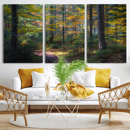 65810864-MGV-CV-36X24-Autumn Forest Wall Art Canvas Print, Framed Fall Woodland Art Picture Print, Golden Leaves Perfect Rustic Farmhouse Decor Artwork