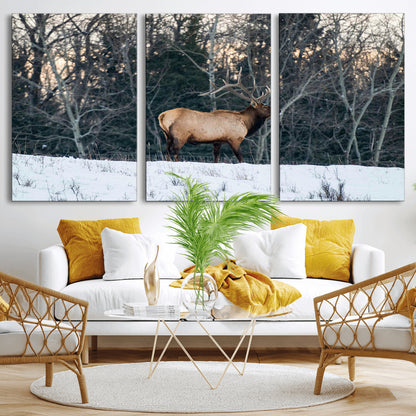 36533178-MGV-CV-36X24-Wild Elk Photography Wall Art Canvas Print, Framed Winter Wildlife Art Picture Print, Snowy Forest Perfect Rustic Lodge Decor