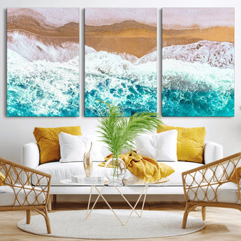 26870666-MGV-CV-36X24-Aerial Beach Wall Art Canvas Print, Framed Ocean Waves Art Picture Print, Coastal Landscape Perfect Coastal Minimalist Decor
