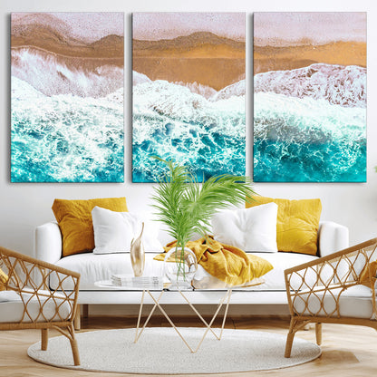 26870666-MGV-CV-36X24-Aerial Beach Wall Art Canvas Print, Framed Ocean Waves Art Picture Print, Coastal Landscape Perfect Coastal Minimalist Decor