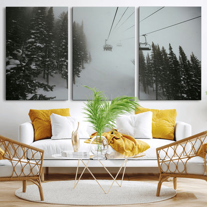 87018452-MGV-CV-36X24-Ski Lift Wall Art Canvas Print, Framed Snowy Pines Art Picture Print, Misty Landscape Perfect Winter Serenity Decor Artwork