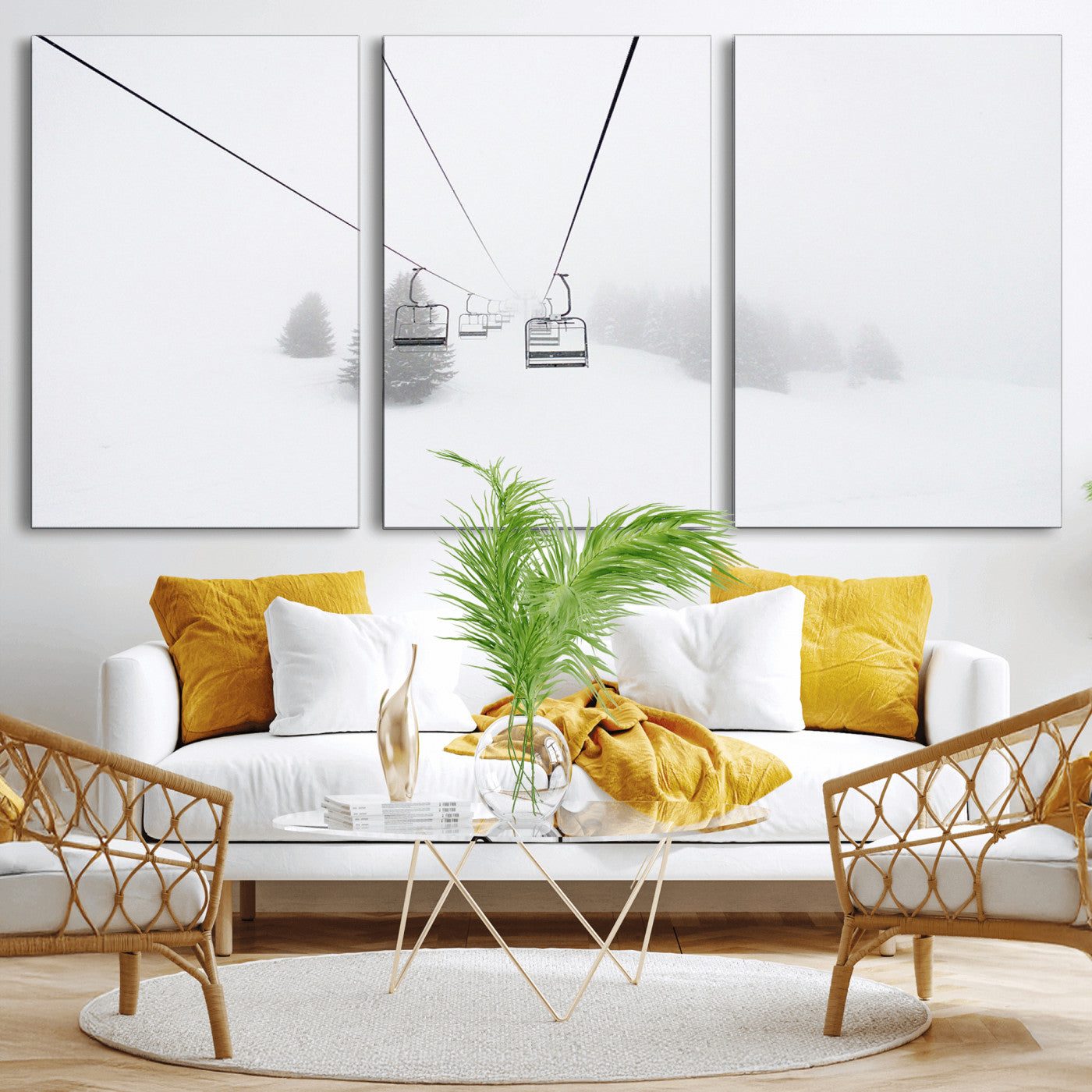 20216390-MGV-CV-36X24-Ski Lift Wall Art Canvas Print, Framed Snowy Landscape Art Picture Print, Alpine Adventure Perfect Nordic Minimalist Decor Artwork