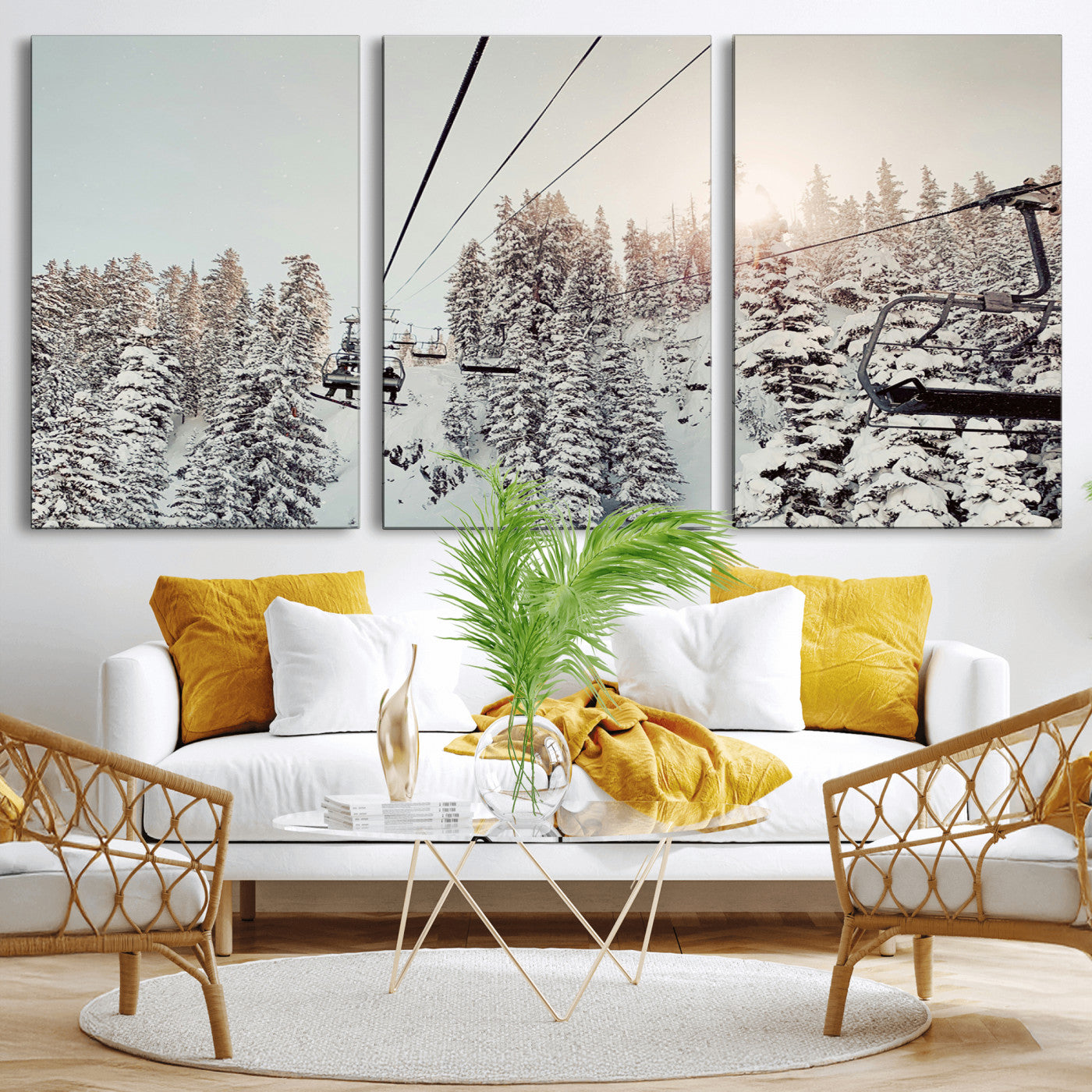 91534512-MGV-CV-36X24-Frosty Pines Wall Art Canvas Print, Framed Cozy Cabin View Art Picture Print, Ski Lift Ride Perfect Rustic Lodge Decor Artwork