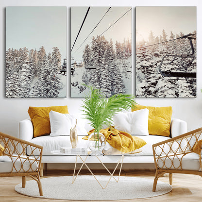 91534512-MGV-CV-36X24-Frosty Pines Wall Art Canvas Print, Framed Cozy Cabin View Art Picture Print, Ski Lift Ride Perfect Rustic Lodge Decor Artwork