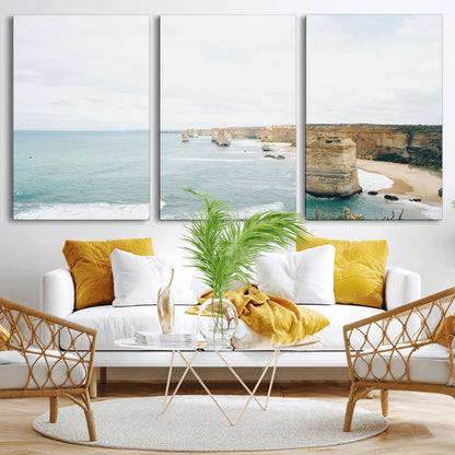 70095633-MGV-CV-36X24-Twelve Apostles Wall Art Canvas Print, Framed Coastal Cliffs Art Picture Print, Rugged Rock Formations Perfect Minimalist Coastal