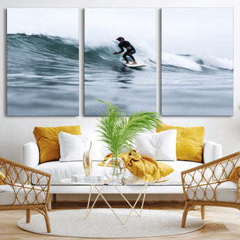 11693607-MGV-CV-36X24-Surfer on Wave Wall Art Canvas Print, Framed Ocean Adventure Art Picture Print, Motion Blur Water Perfect Coastal Adventure Decor