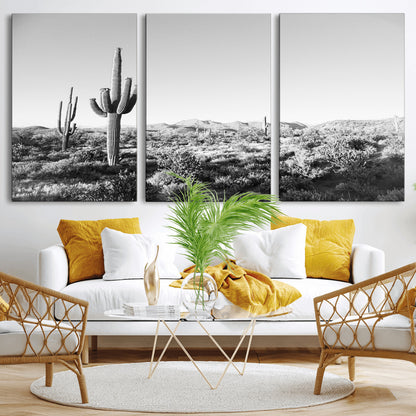 85205054-MGV-CV-36X24-Saguaro Cactus Wall Art Canvas Print, Framed Monochrome Landscape Art Picture Print, Scenic Arizona View Perfect Minimalist