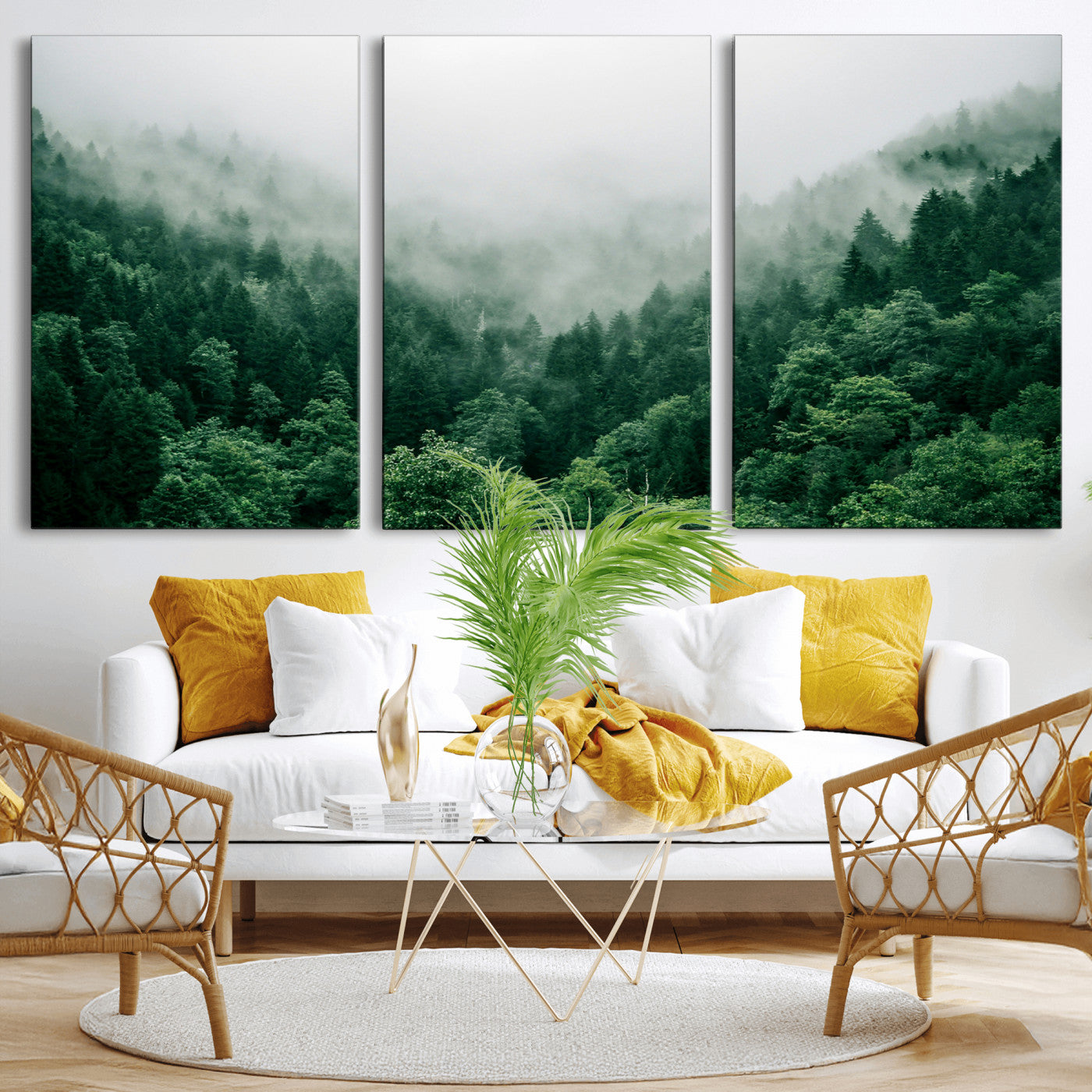 45265379-MGV-CV-36X24-Misty Forest Wall Art – Green Mountain Pine Tree Landscape Canvas Print, Nature Photography Artwork Home Decor for Bedroom, Living