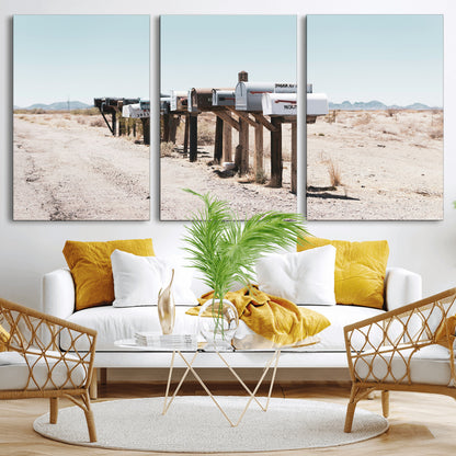 54616109-MGV-CV-36X24-Desert Mailboxes Wall Art – Rustic Rural Roadside Photography Canvas Print, American Southwest Landscape Home Decor for Living