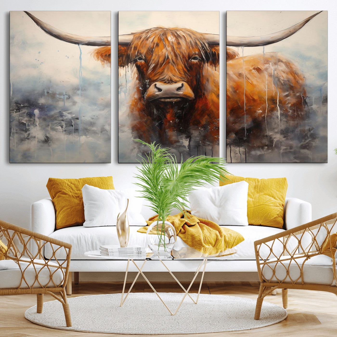 X61001-MGV-CV-36X24-Scottish Highland Wall Art Canvas Print, Framed Longhorn Art Picture Print, Western Cow Perfect Farmhouse Decor Artwork