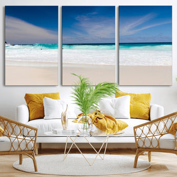 55017356-MGV-CV-36X24-Ocean Beach Wall Art – Turquoise Wave and White Sand Shoreline Canvas Print, Coastal Seascape Photography Decor for Living Room,