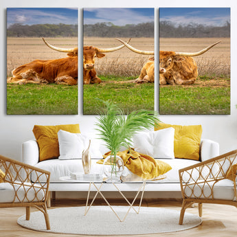 54598515-MGV-CV-60X30-3P-Texas Longhorns Wall Art – Rustic Cattle Ranch Canvas Print, Western Farmhouse Animal Photography Decor for Living Room, Office,