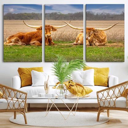 54598515-MGV-CV-60X30-3P-Texas Longhorns Wall Art – Rustic Cattle Ranch Canvas Print, Western Farmhouse Animal Photography Decor for Living Room, Office,