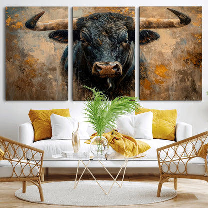 91615410-MGV-CV-36X24-Bull Wall Art – Rustic Western Longhorn Canvas Print, Powerful Abstract Animal Painting, Farmhouse Ranch Decor for Living Room,