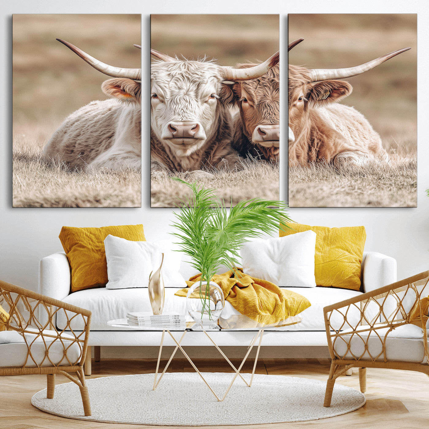 38651722-MGV-CV-60X30-3P-Cow Wall Art – Rustic Longhorn Pair Canvas Print, Western Farmhouse Animal Painting, Country Ranch Decor for Living Room, Bedroom,