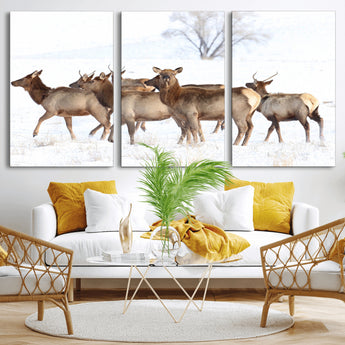41416314-MGV-CV-36X24-Elk Wall Art – Wildlife Herd Canvas Print in Snowy Landscape, Rustic Nature Painting, Western Cabin Lodge Decor for Living Room,