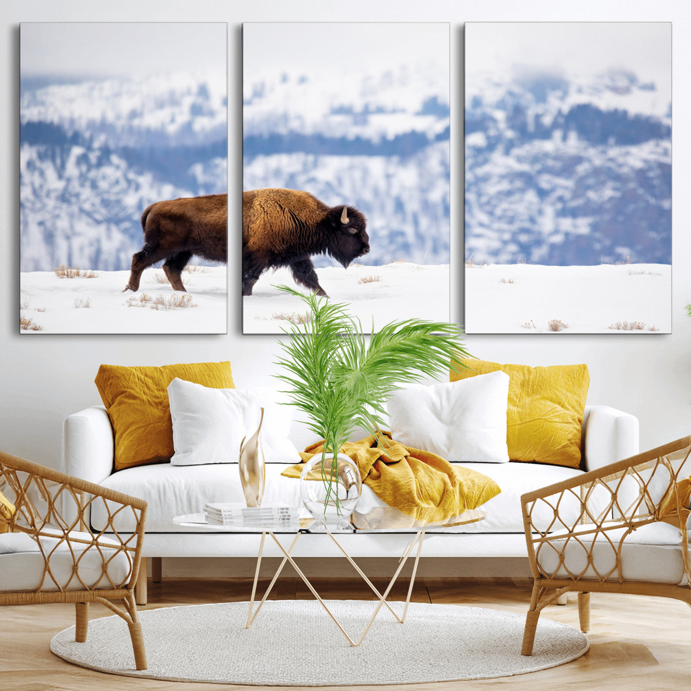 21623194-MGV-CV-36X24-Snow Bison Wall Art – Majestic Buffalo Wildlife Canvas Print, Winter Nature Décor for Rustic Living Room, Farmhouse, Cabin, Lodge