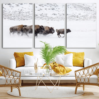61161423-MGV-CV-36X24-Running Bison Herd Wall Art – Winter Buffalo Canvas Print, Wildlife Photography Decor for Rustic Living Room, Farmhouse, Lodge,