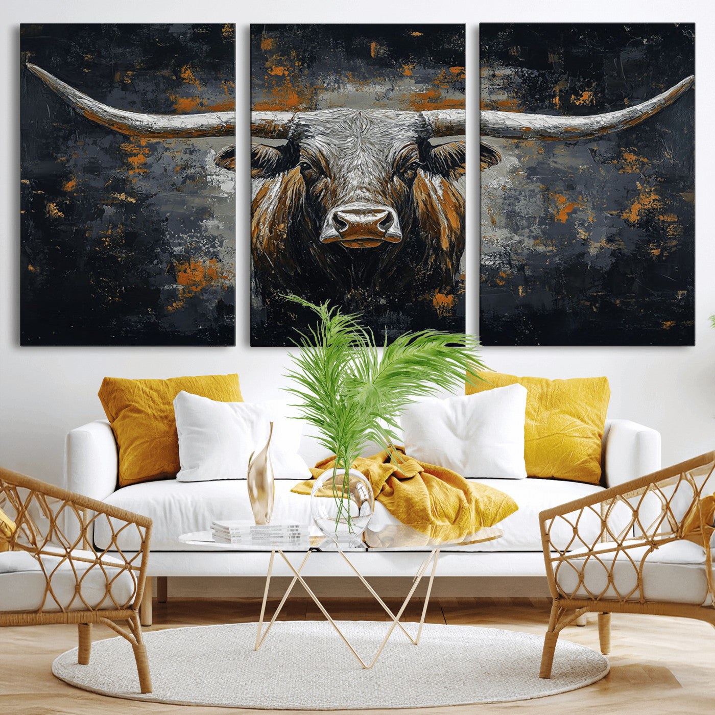 93195031-MGV-CV-36X24-Dark Longhorn Bull Wall Art – Western Steer Canvas Print, Moody Rustic Animal Painting for Man Cave, Ranch House, Office or Modern