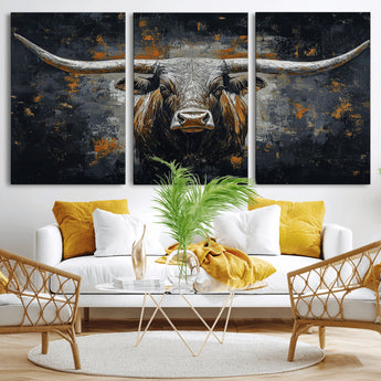 93195031-MGV-CV-36X24-Dark Longhorn Bull Wall Art – Western Steer Canvas Print, Moody Rustic Animal Painting for Man Cave, Ranch House, Office or Modern