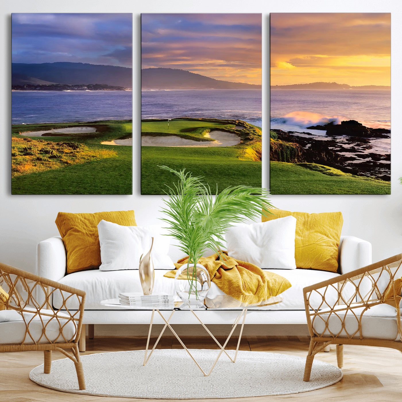 39644075-MGV-CV-36X24-Golf Course Wall Art – Coastal Sunset Canvas Print, Scenic Oceanfront Fairway Landscape Decor for Office, Man Cave, or Living Room