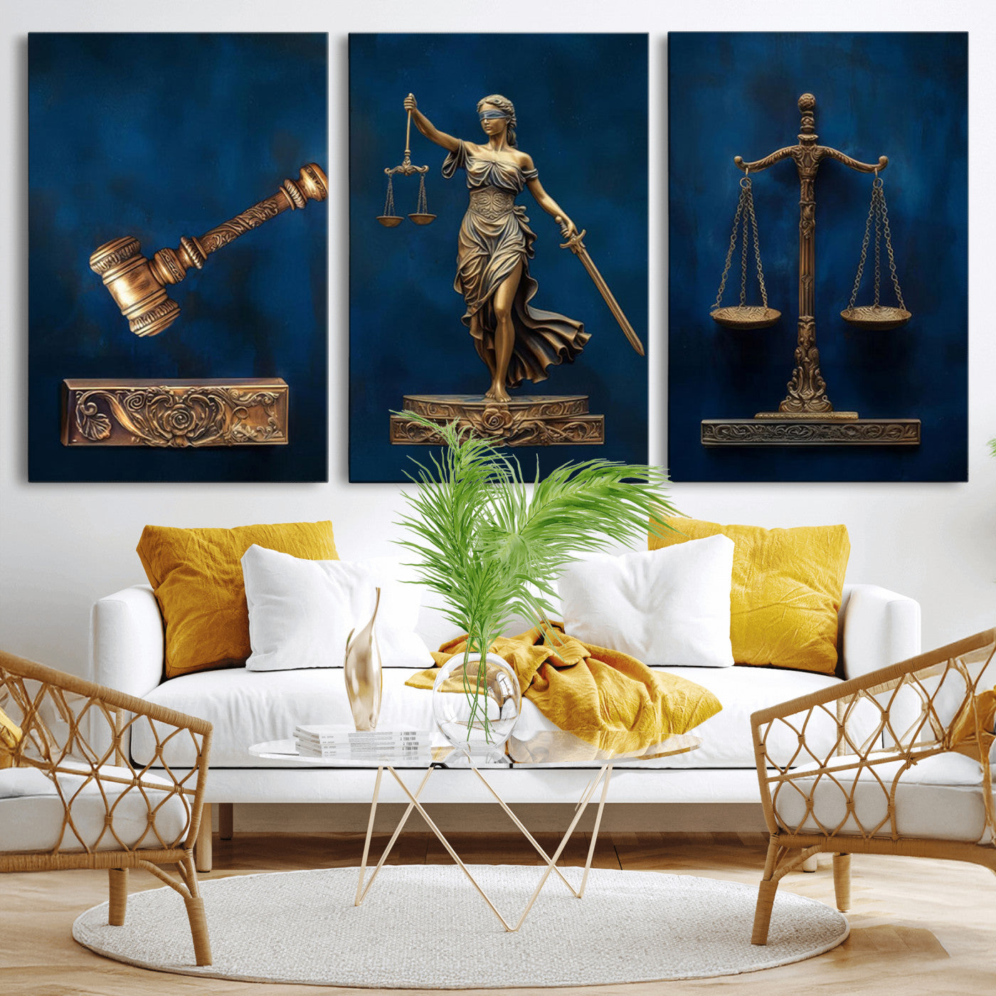 91629053-MGV-CV-36X24-Lady Justice Wall Art – Golden Gavel and Scales Canvas Print, Elegant Legal Office Decor for Lawyers, Judges, Courtroom or Study