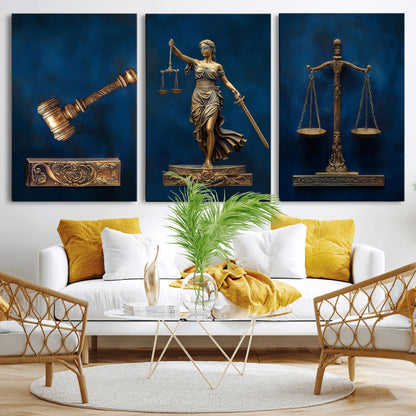 91629053-MGV-CV-36X24-Lady Justice Wall Art – Golden Gavel and Scales Canvas Print, Elegant Legal Office Decor for Lawyers, Judges, Courtroom or Study