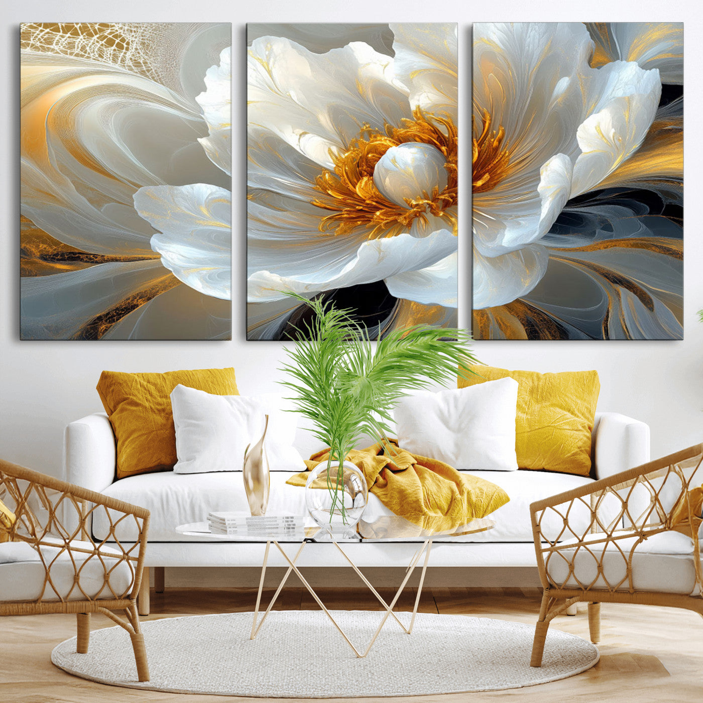 39604126-MGV-CV-36X24-Abstract Flower Wall Art – Elegant White and Gold Bloom Canvas Print, Modern Floral Artwork for Bedroom, Living Room, or Office