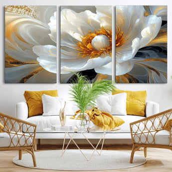 39604126-MGV-CV-36X24-Abstract Flower Wall Art – Elegant White and Gold Bloom Canvas Print, Modern Floral Artwork for Bedroom, Living Room, or Office