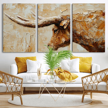 69611428-MGV-CV-36X24-Longhorn Bull Wall Art – Rustic Western Canvas Print, Textured Farmhouse Cattle Painting for Living Room, Office, or Ranch House