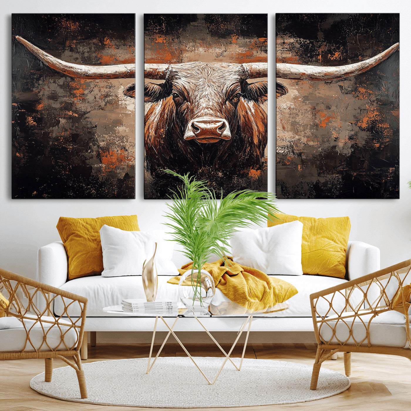 24779067-MGV-CV-36X24-Longhorn Bull Wall Art – Western Rustic Canvas Print, Bold Cowboy Cattle Painting for Ranch House, Farmhouse, Office, or Living