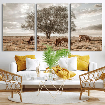 87590224-MGV-CV-36X24-Longhorn Cattle Wall Art – Rustic Western Landscape Canvas Print, Texas Farmhouse Prairie Scene for Living Room, Office, or Ranch