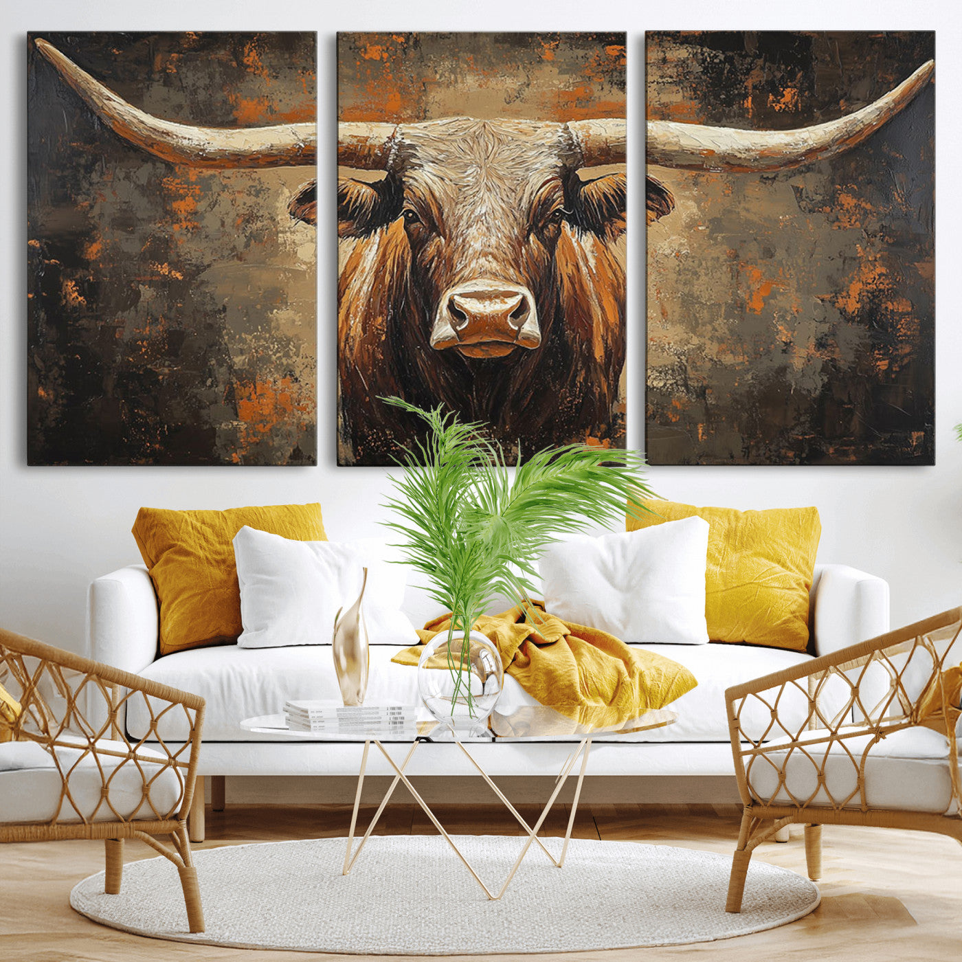 19204445-MGV-CV-36X24-Texas Longhorn Bull Wall Art – Rustic Western Canvas Print, Bold Cowboy Cattle Painting for Ranch House, Farmhouse, Office, or