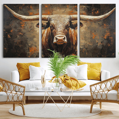19204445-MGV-CV-36X24-Texas Longhorn Bull Wall Art – Rustic Western Canvas Print, Bold Cowboy Cattle Painting for Ranch House, Farmhouse, Office, or