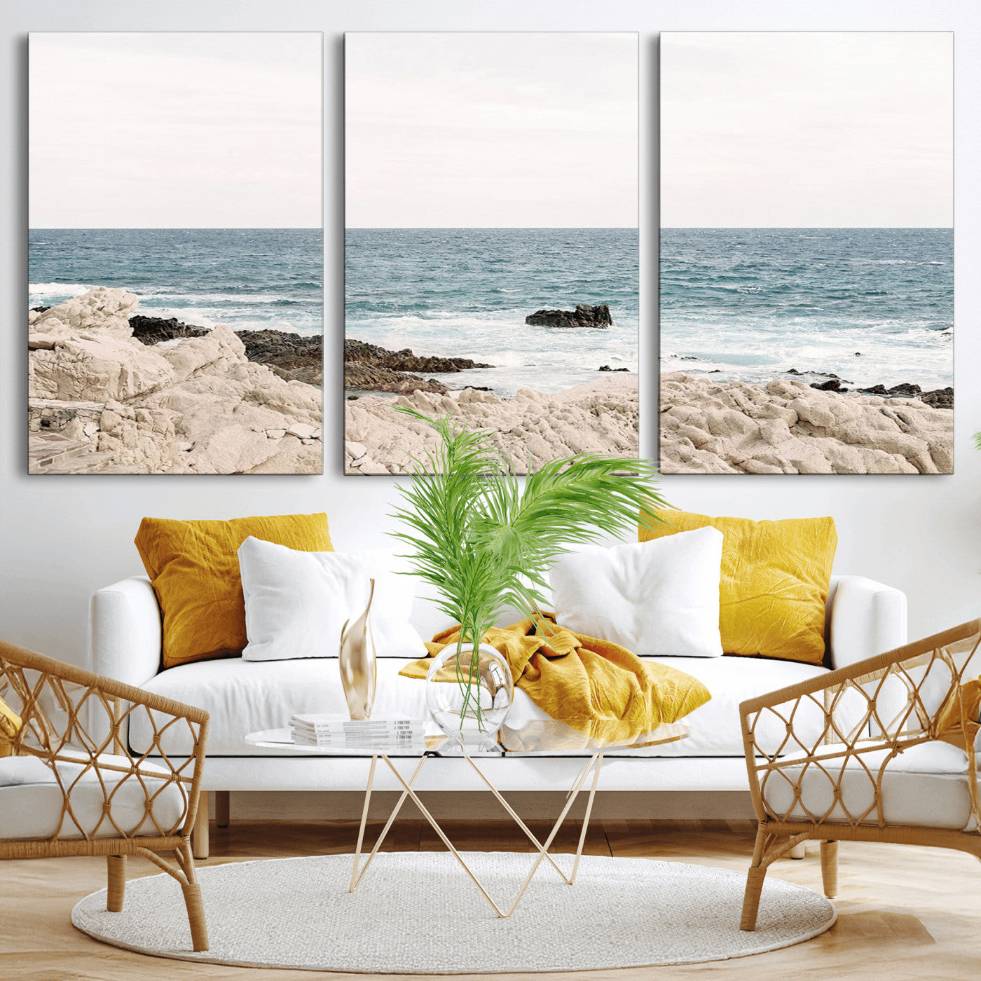 25481980-MGV-CV-36X24-Ocean Coastal Wall Art – Rocky Shoreline and Waves Canvas Print, Serene Beach Landscape Decor for Living Room, Bedroom, or Office