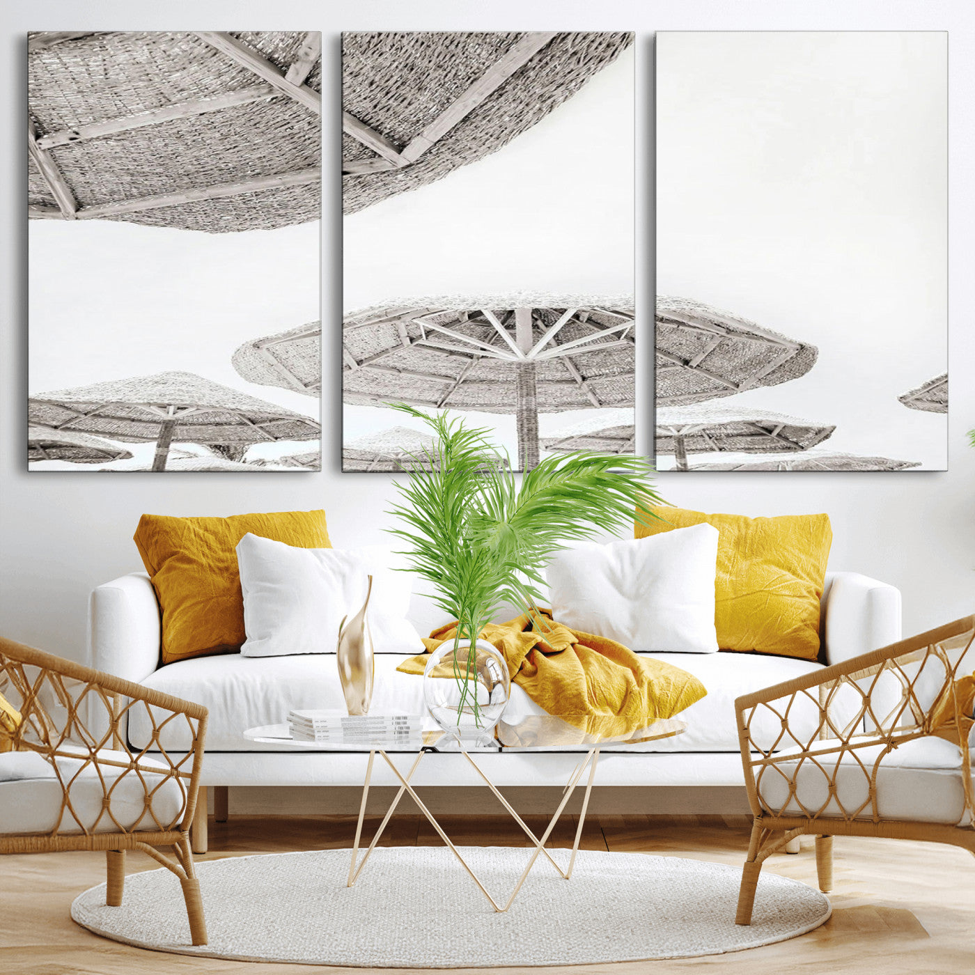 97043123-MGV-CV-36X24-Beach Umbrella Wall Art – Minimalist Coastal Canvas Print, Woven Parasol Summer Decor for Bedroom, Living Room, or Modern Beach