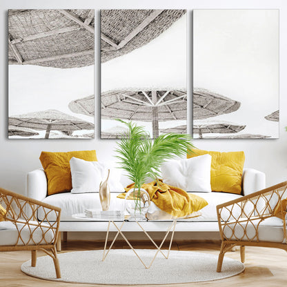 97043123-MGV-CV-36X24-Beach Umbrella Wall Art – Minimalist Coastal Canvas Print, Woven Parasol Summer Decor for Bedroom, Living Room, or Modern Beach