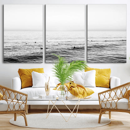 47208268-MGV-CV-36X24-Surfer Ocean Wall Art – Black and White Coastal Canvas Print, Minimalist Surfing Seascape Decor for Living Room, Bedroom, or Beach