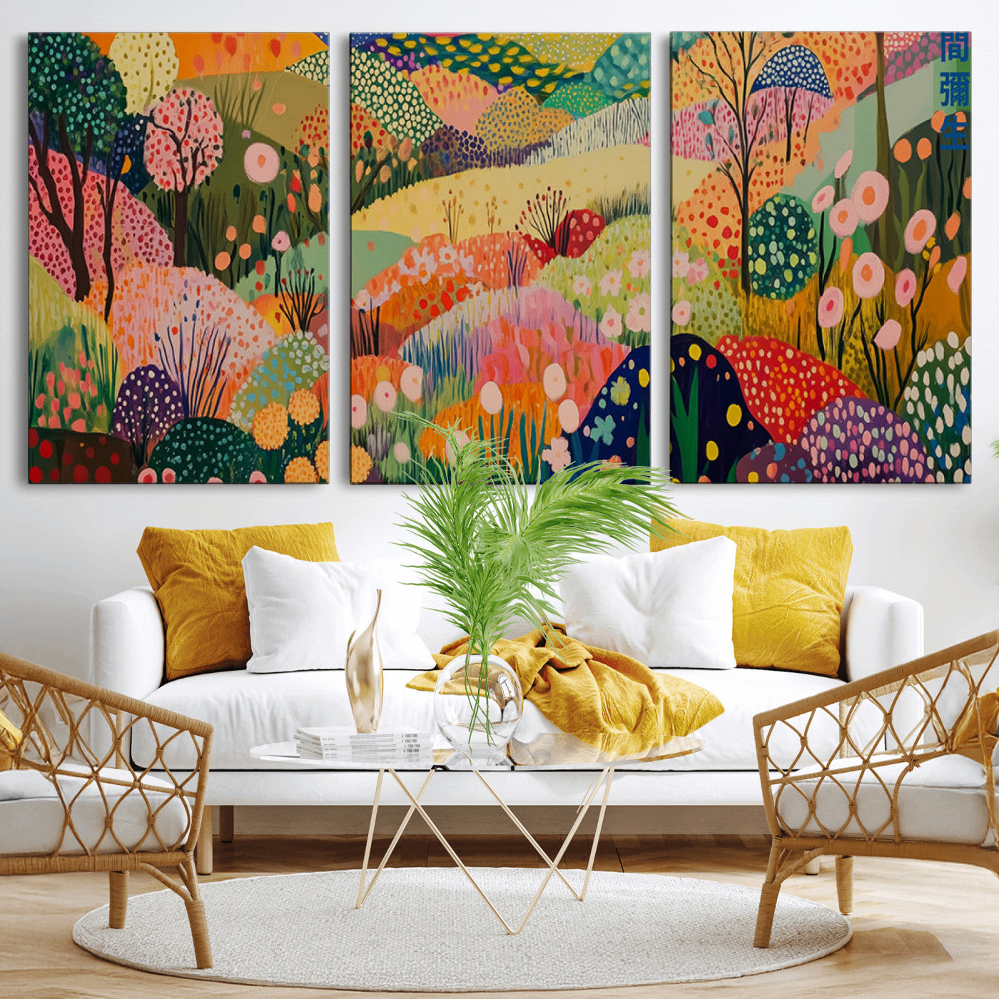 79636380-MGV-CV-36X24-Colorful Abstract Landscape Wall Art – Vibrant Hills and Flowers Canvas Print, Modern Whimsical Artwork for Living Room, Bedroom,