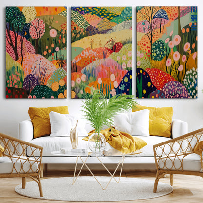 79636380-MGV-CV-36X24-Colorful Abstract Landscape Wall Art – Vibrant Hills and Flowers Canvas Print, Modern Whimsical Artwork for Living Room, Bedroom,