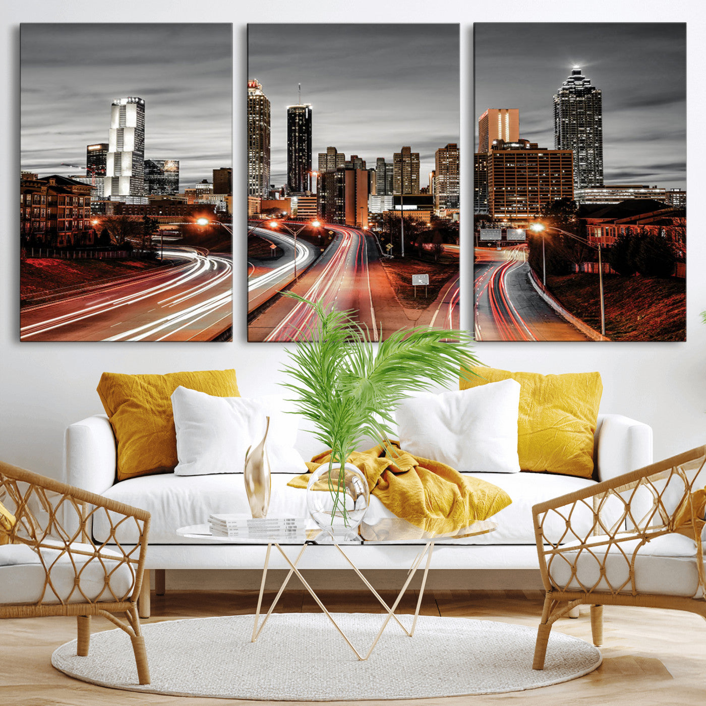 59097239-MGV-CV-36X24-City Skyline Wall Art – Modern Black and White Night Canvas Print with Red Light Trails, Urban Landscape Decor for Living Room or