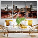 59097239-MGV-CV-36X24-City Skyline Wall Art – Modern Black and White Night Canvas Print with Red Light Trails, Urban Landscape Decor for Living Room or