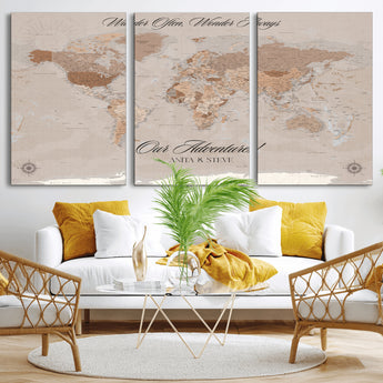 95243244-MGV-CV-36X24-Wander Often Wonder Always World Map Wall Art – Neutral Beige Adventure Canvas Print, Rustic Boho Travel Decor for Bedroom, Living