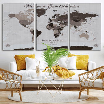 43749658-MGV-CV-36X24-Welcome to Great Adventure World Map Wall Art – Charcoal Gray Canvas Print, Rustic Travel Decor for Living Room, Study, Office or