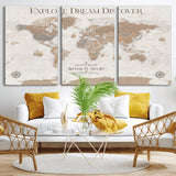 63516865-MGV-CV-36X24-Explore Dream Discover World Map Wall Art – Inspirational Travel Adventure Canvas Print, Neutral Parchment Style Explorer Decor