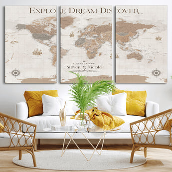 63516865-MGV-CV-36X24-Explore Dream Discover World Map Wall Art – Inspirational Travel Adventure Canvas Print, Neutral Parchment Style Explorer Decor