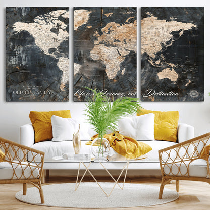 37848568-MGV-CV-36X24-Life is a Journey Not a Destination World Map Rustic Wood Texture Vintage Beige Navy Adventure Wall Art Canvas Print for Home